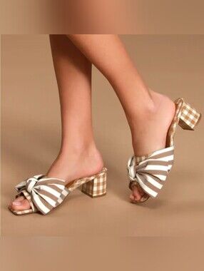 Jaggar The Label Striped Bow Gingham Block Heel Mules Sandals in Tan & White